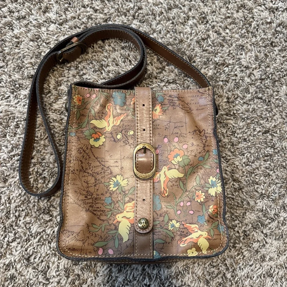 Patricia Nash Venezia Pouch Leather Crossbody Floral Bird Map Print Brown